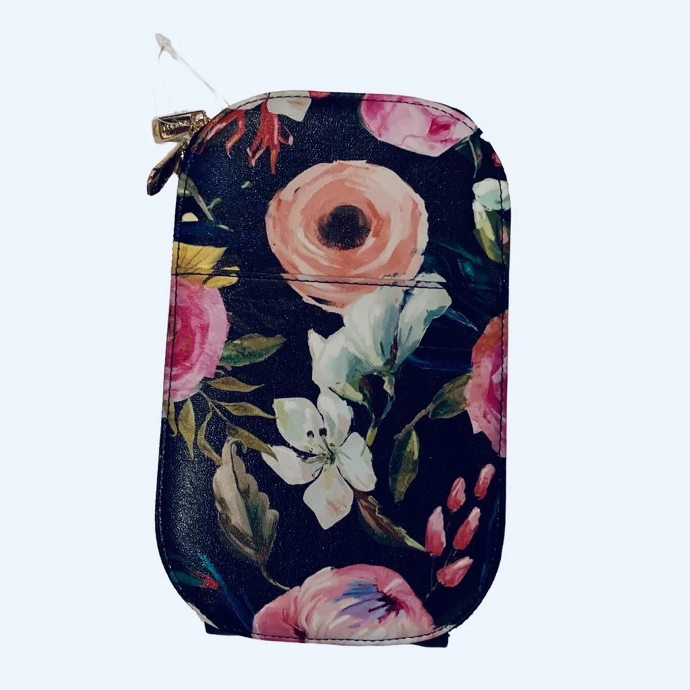 MONARQUE PINK FLORAL ON BLACK CROSSBODY BAG PURSE WALLET WATERCOLOR FLORAL PURSE - Picture 2 of 13